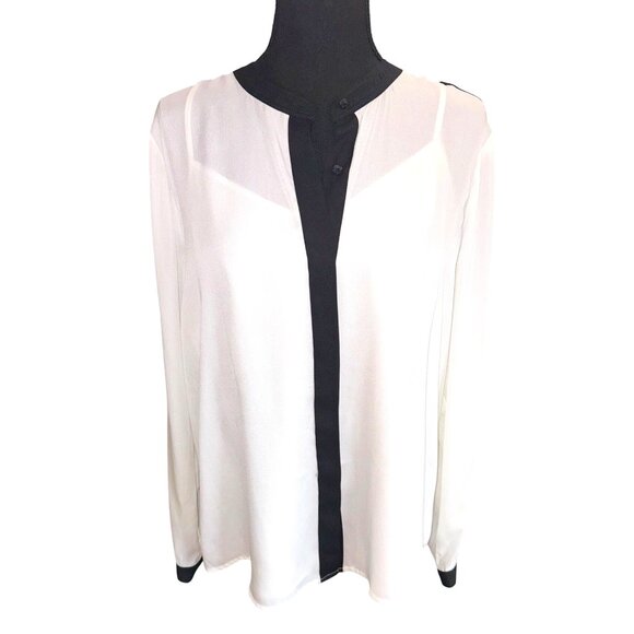Liz Claiborne Black White Button-Up L/S Semi Sheer Blouse XL Petite Office Siren - Picture 1 of 9